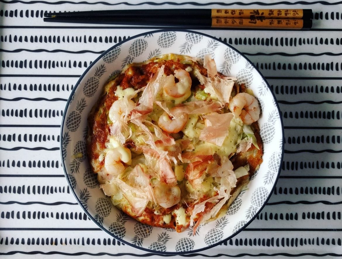 Okonomiyaki with shrimps